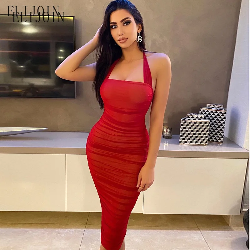 

ELIJOIN Dress2021 Sexy Summer Dress Mesh Fold Hanging Neck Halter Strap Bag Hip Long Skirt Dress Woman