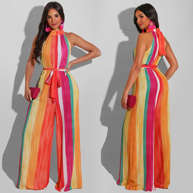 

2021 Polyester New Fashion African Jumpsuits For Women Summer Dashiki Africa Style Print Rich Bazin Dashiki Stripe Jumpsuits