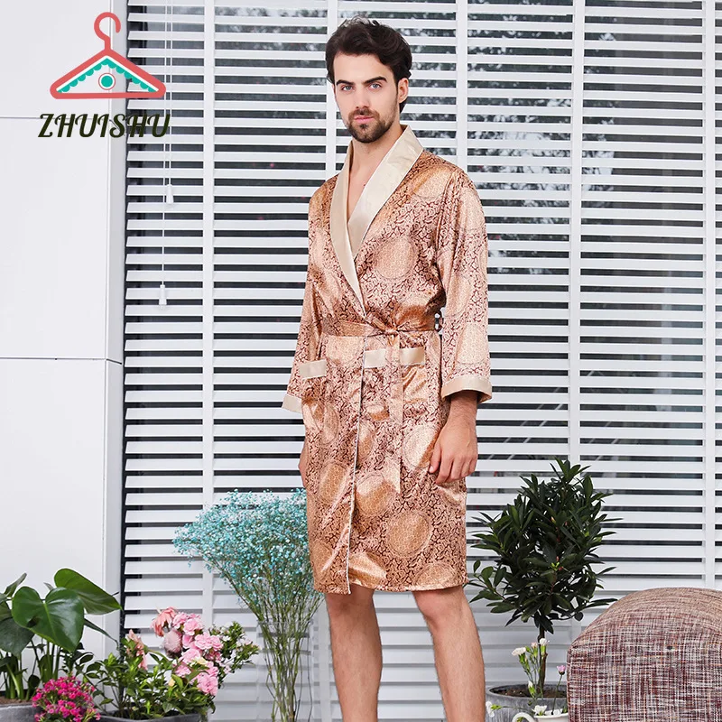 

ZHUISHU 2PCS Pajamas + Shorts Luxurious Silk Robe Shorts Suit Summer Thin Long Sleeve Pajamas Soft Men Oversized Bathrobe R3