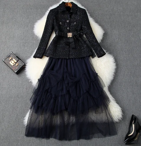 Женская твидовая куртка с бантом на талии и сетчатая юбка оборками|Женские