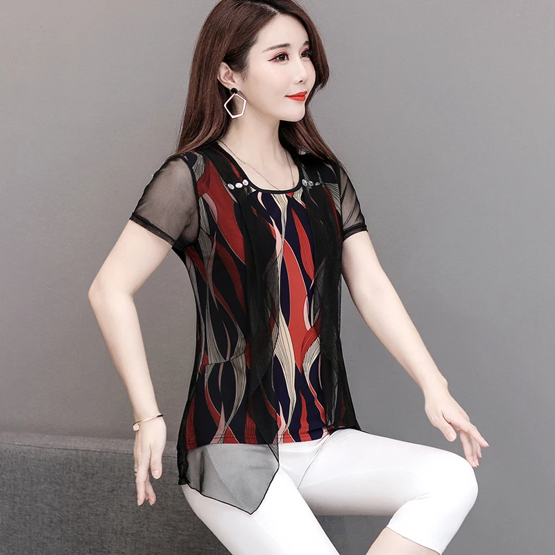 5XL Большие размеры женские шифоновые сетчатые рубашки с коротким рукавом блузки