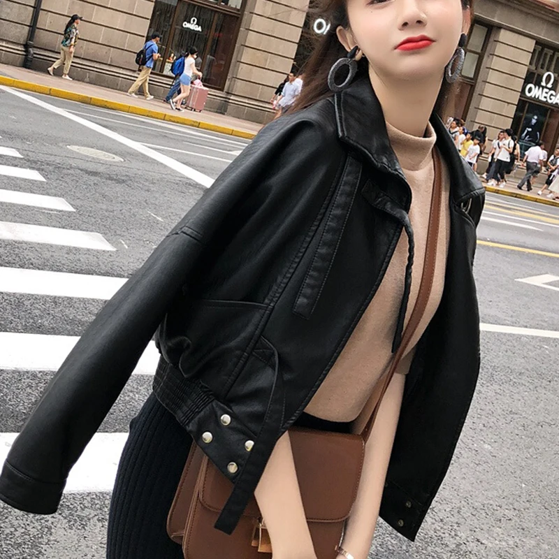 Куртка женская мотоциклетная короткая из ПУ кожи на весну/осень | Женская одежда