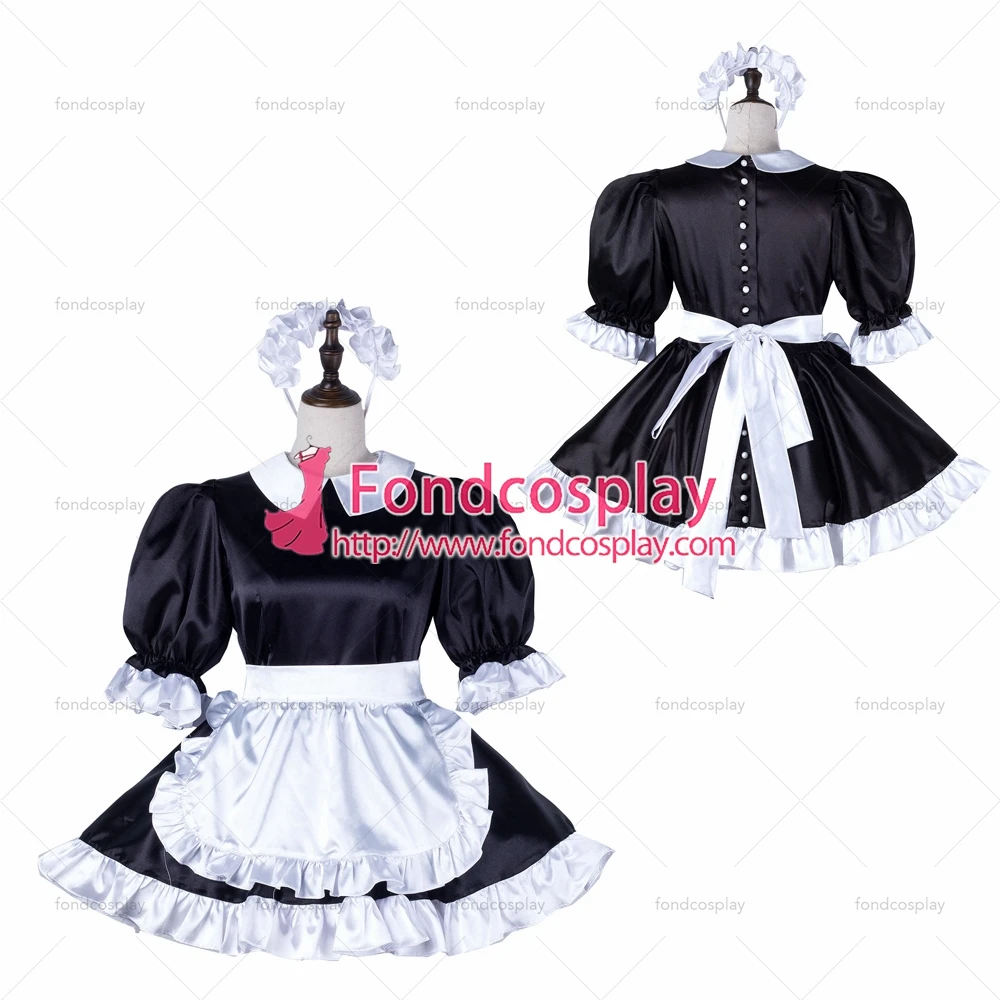 

fondcosplay sexy cross dressing sissy maid black satin dress Buttons white apron Peter Pan collar Tailor-made[G2234]