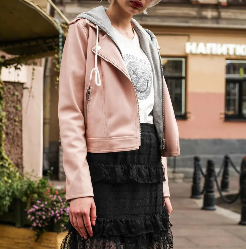 fake two pieces pu leather jackets female street style zipper stitching hooded autumn winter warm outerwear F46 | Женская одежда