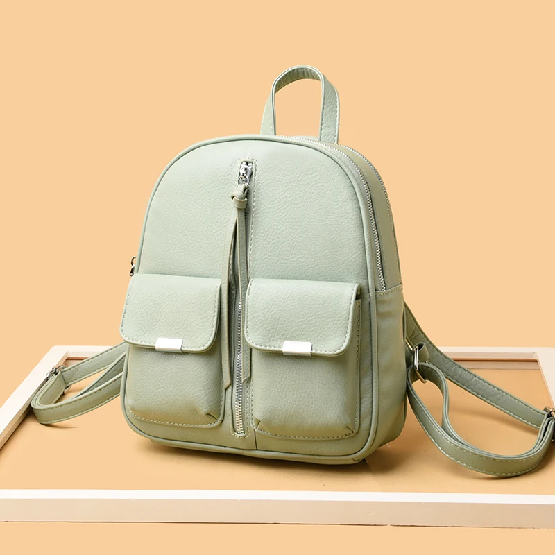 

Green Pu Leather Backpacks for Women 2021 Multi-pocket Design Rucksack Solid Color Knapsack Casual Teenage Girl School Backpack