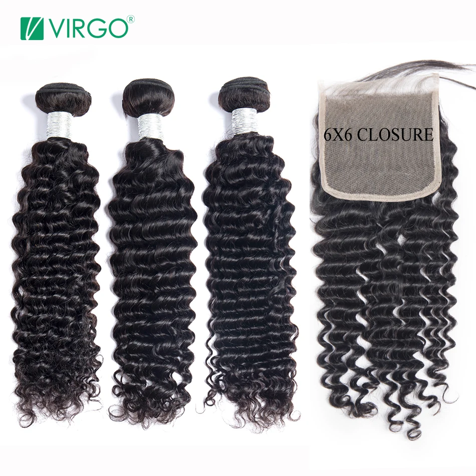 Глубокая волна пучки с бразильские волосы закрытием 3 пучка 6x6 закрытие шнурка