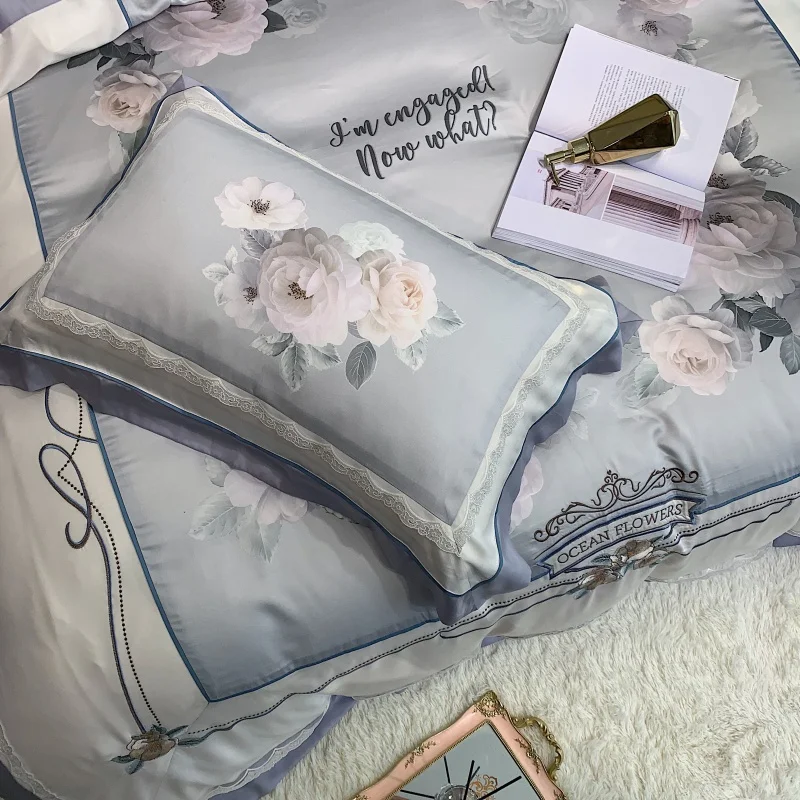 600TC Tencel Шелковый натуральный шелк комплект мягкого постельного белья King queen размер с цветочным принтом шикарный пододеяльник простыня комплект наволочка