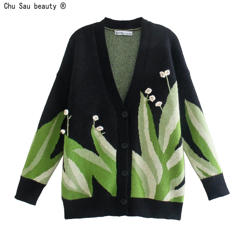 

Autumn 2021 New Fashion Vintage V-Neck Jacquard Casual Single-Breasted Long-Sleeve Loose Sweater Women Cardigan Female