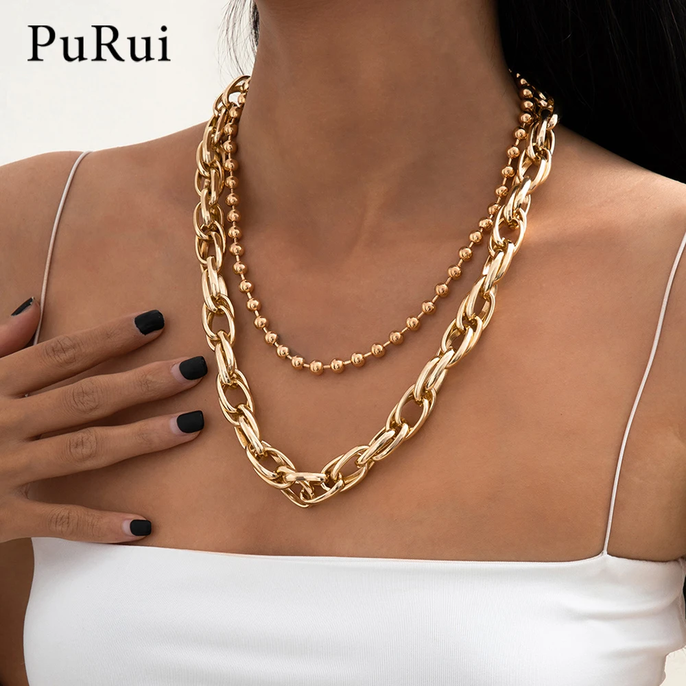 

2021 Punk Hip Hop Thick Link Chain Necklace Women Beads Chain Choker 2Pcs/Set Goth Couple Necklaces Chain On Neck Men Jewellry