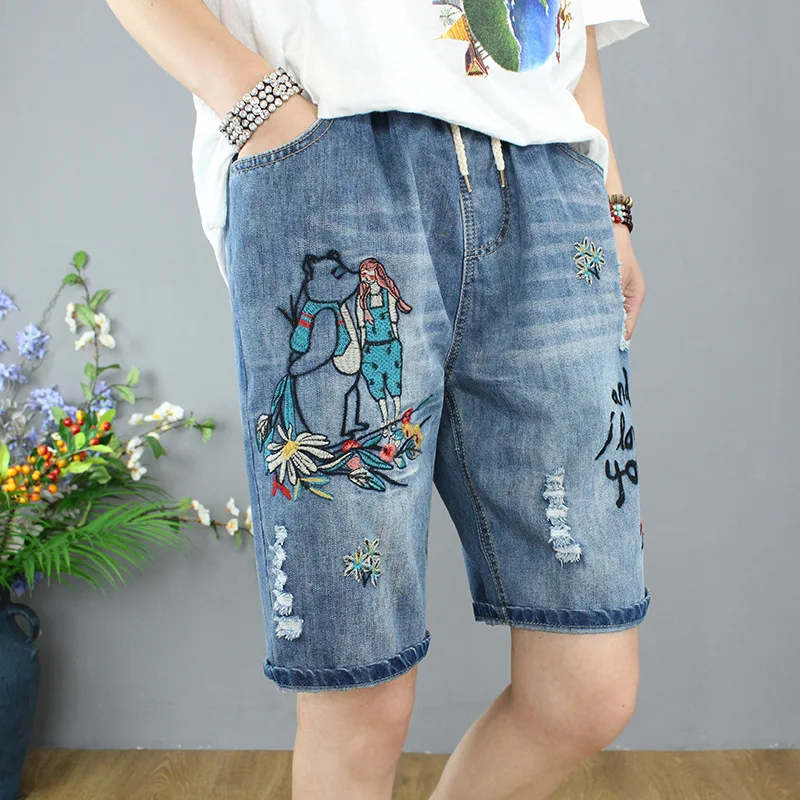 

Casual Summer Knee Length Denim Shorts for Women High Waist Loose Arts Style Embroidery Female Straight Jeans Shorts