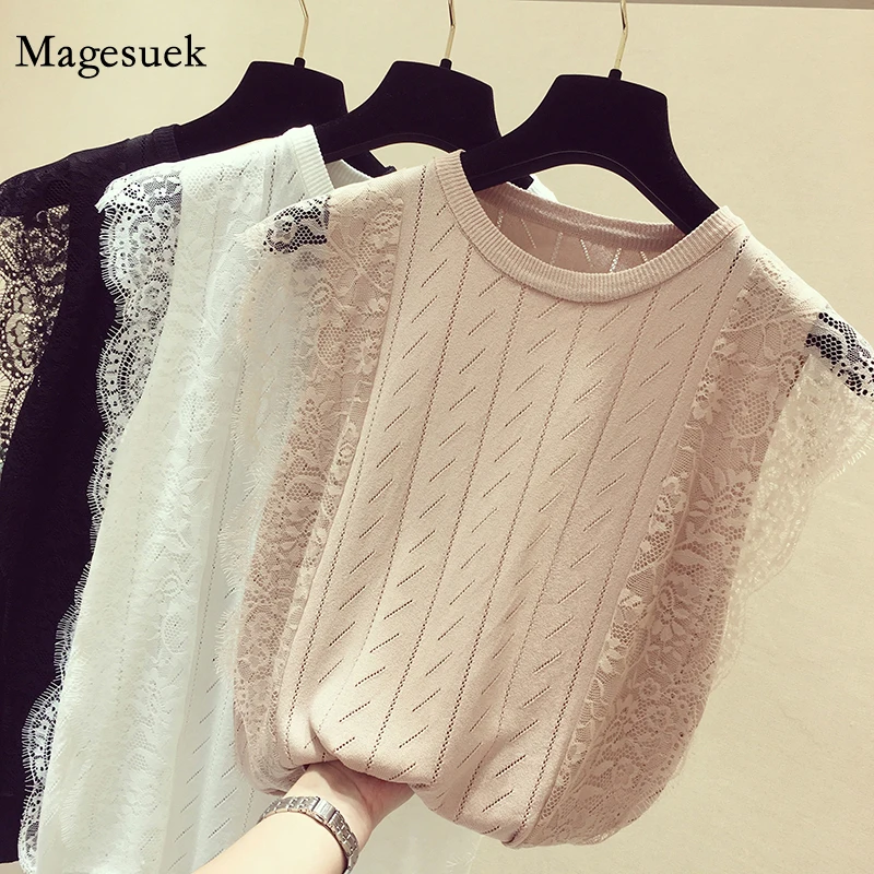 

New Korean Lace Patchwork Knitted Tops Summer Sleeveless Mesh Shirt Women O-Neck Chic Solid Hollow Out Clothes Blusas 8795 50