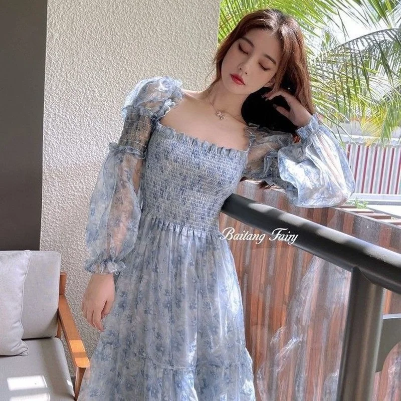 2021 Summer Lace Elegant Midi Dress Women Puff Sleeve Square Collar Boho Beach Floral Dress Female Party One Piece Dress Korean