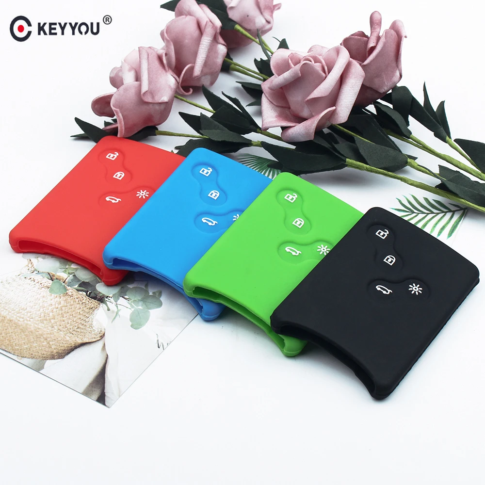 

KEYYOU 4 Button Car key Silicone Cover Protector Holder for Renault Clio Logan Megane 2 3 Koleos Scenic Card keychain Case