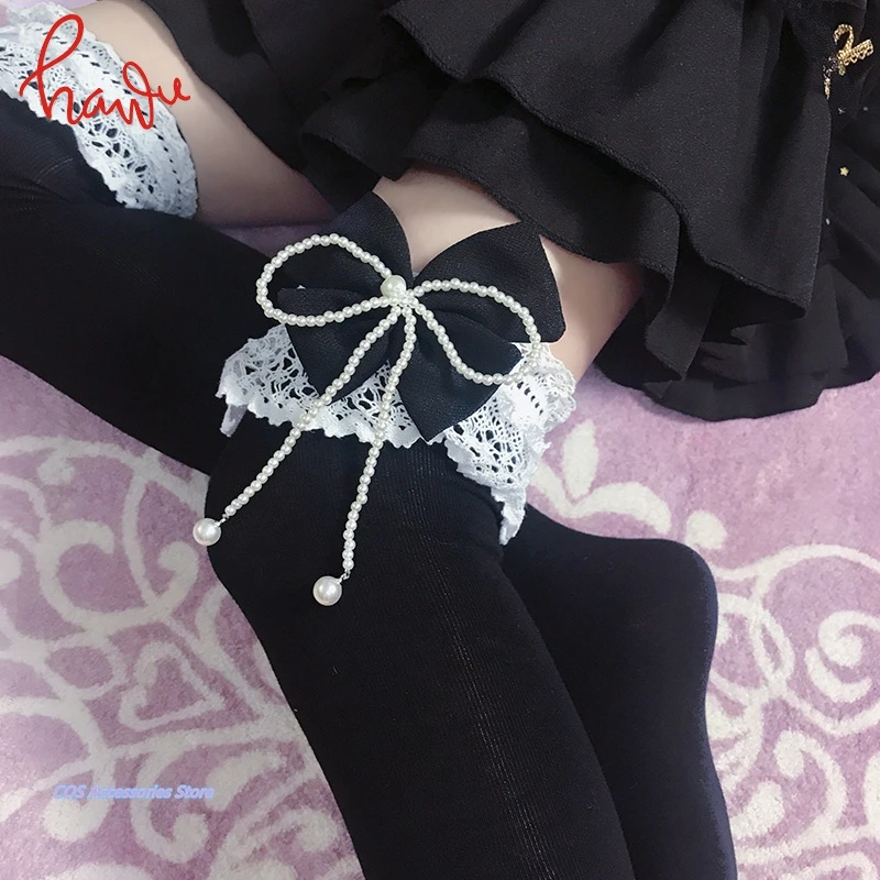 

Japanese Original Handmade Lolita Beadin Bowknot Knee Socks Long Tube Lace Edge Takato Autumn Women Sweet Preppy Style Keep Warm