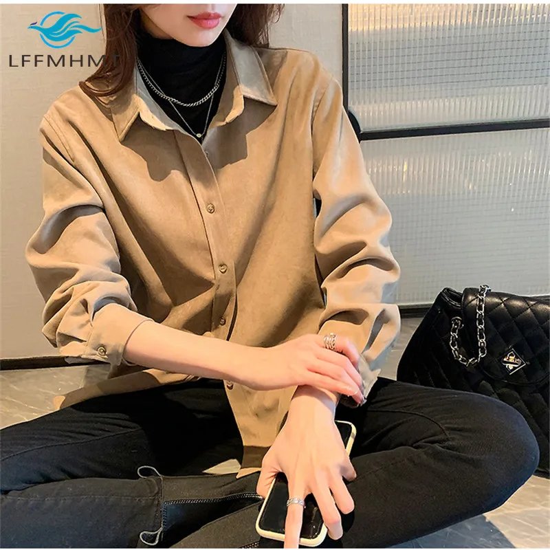 

Corduroy Women Winter New Hong Kong Style Design Sense Minority Top Versatile Retro Long Sleeve Shirt Solid Color Korean Version