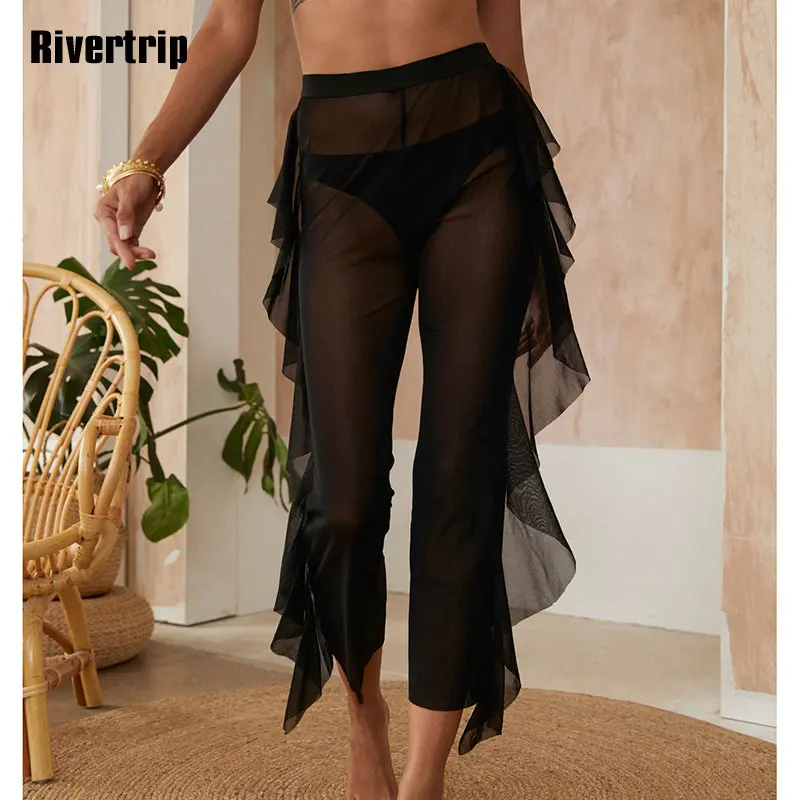 

Rivertrip Side Ruffle Beach Outing Long Pant Cover Up High Waist Woman Clothes Swimsuit See Through Trousers Sexy Mesh Bath Suit