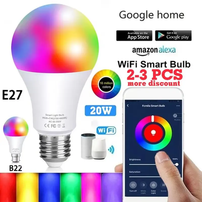 Умная лампа E27/B22 с Wi Fi работает лампой RGB Alexa/Google Home или ИК пультом дистанционного
