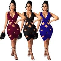 echoine sexy hollow out deep v neck bodycon mini women dress elegant night club party dresses vestidos solid color outfits