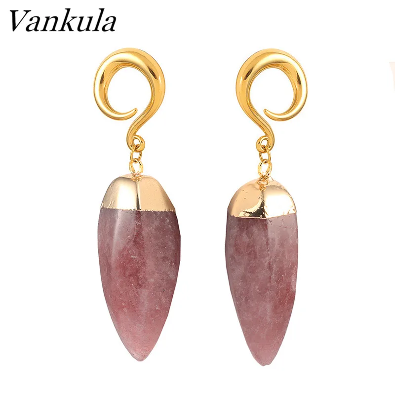 gold Vankula 2pcs 316L Stainless Steel Ear Plug Tunnels Purplish Red Body Piercing Ear Gauges Expander Natural Stone Ear Weights - Окраска металла: gold