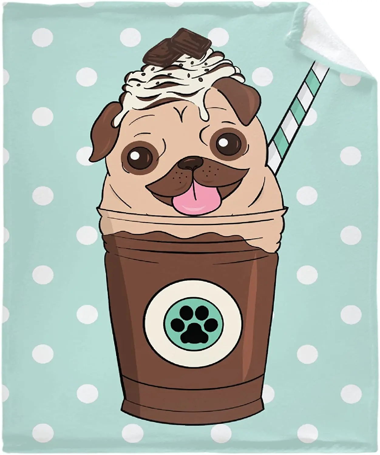 

Pug in a Cup Teal Flannel Throw Blanket Warm Cozy Soft Funny Puppy Dog Print Blankets for Bed Couch Sofa Room Decoration Gifts