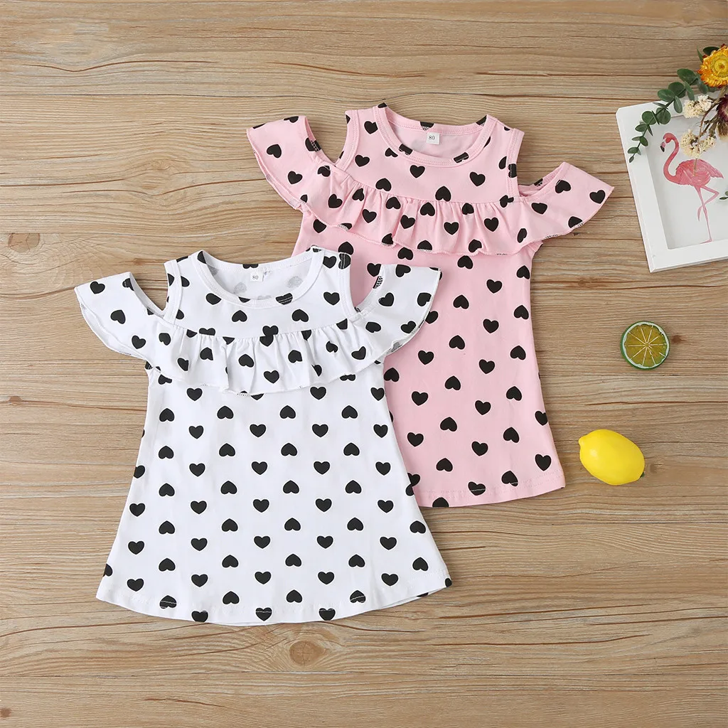 1-5 years Children's Baby Girls Sleeveless Off-the-shoulder Love Print Ruffle Sling Dress Princess Casual Clothes | Мать и ребенок