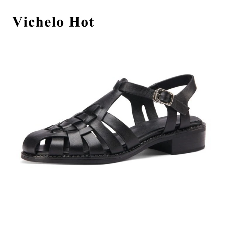 

Vichelo Hot genuine leather med heels hollow design summer noble round toe dress metal buckle gorgeous beach style sandals L57