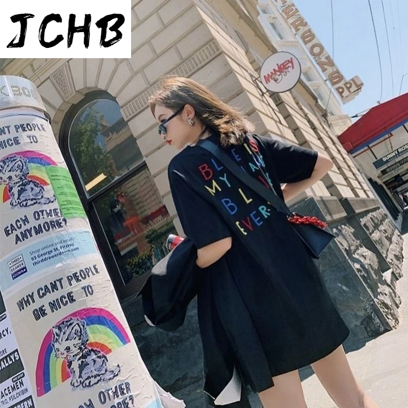 

2021 Aesthetic Tshirt Women Summer New Loose Short-sleeved Shirt Harajuku Back Embroidery Letters Printing Tees Camisas Mujer
