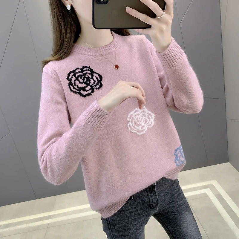 

Zone m 40 right] 7747 real shot - Rose jacquard round neck knitted pullover 55