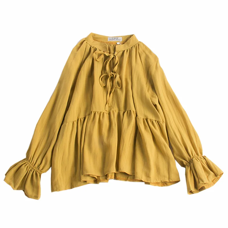 

Solid Color Tie Collar Long Sleeve Shirts Spring Autumn Tops Korean Women Blouses Casual Ruffle Top Loose Flared Sleeve Blusas