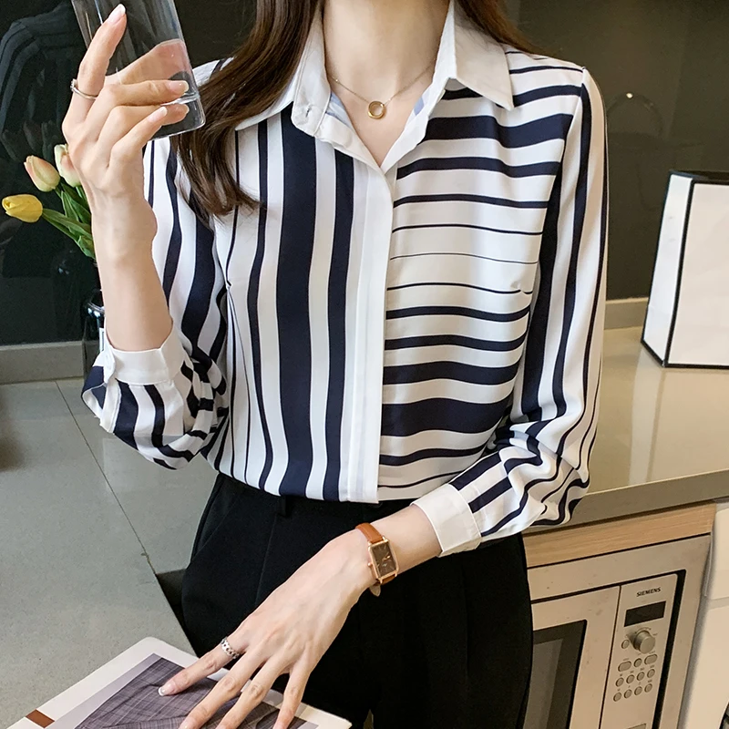 

COIGARSAM Full Sleeve Shirt Womens tops New Spring Striped Chiffon Women shirts Red Blue Stripe 8361