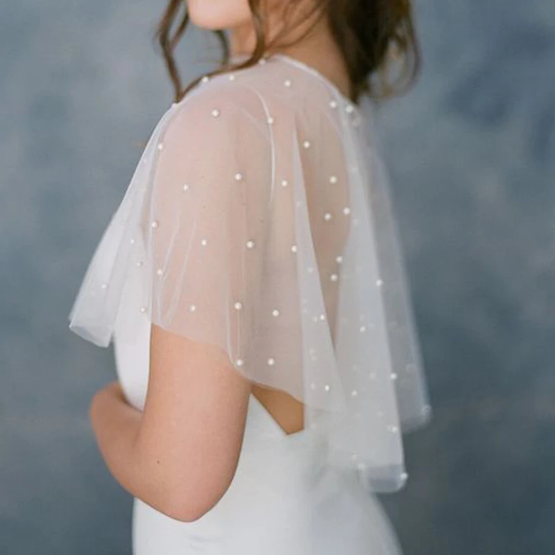 

Short Front Long Back Wedding Capelet Shawl Elegant Pearls wedding Bridal Cape Cloak Shawl Cover over the Shoulder