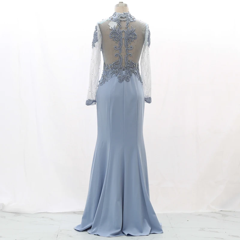 Stock Clean Long Mermaid Sexy Prom Dresses Full Beads Long Sleeves Evening Gown 210226-051