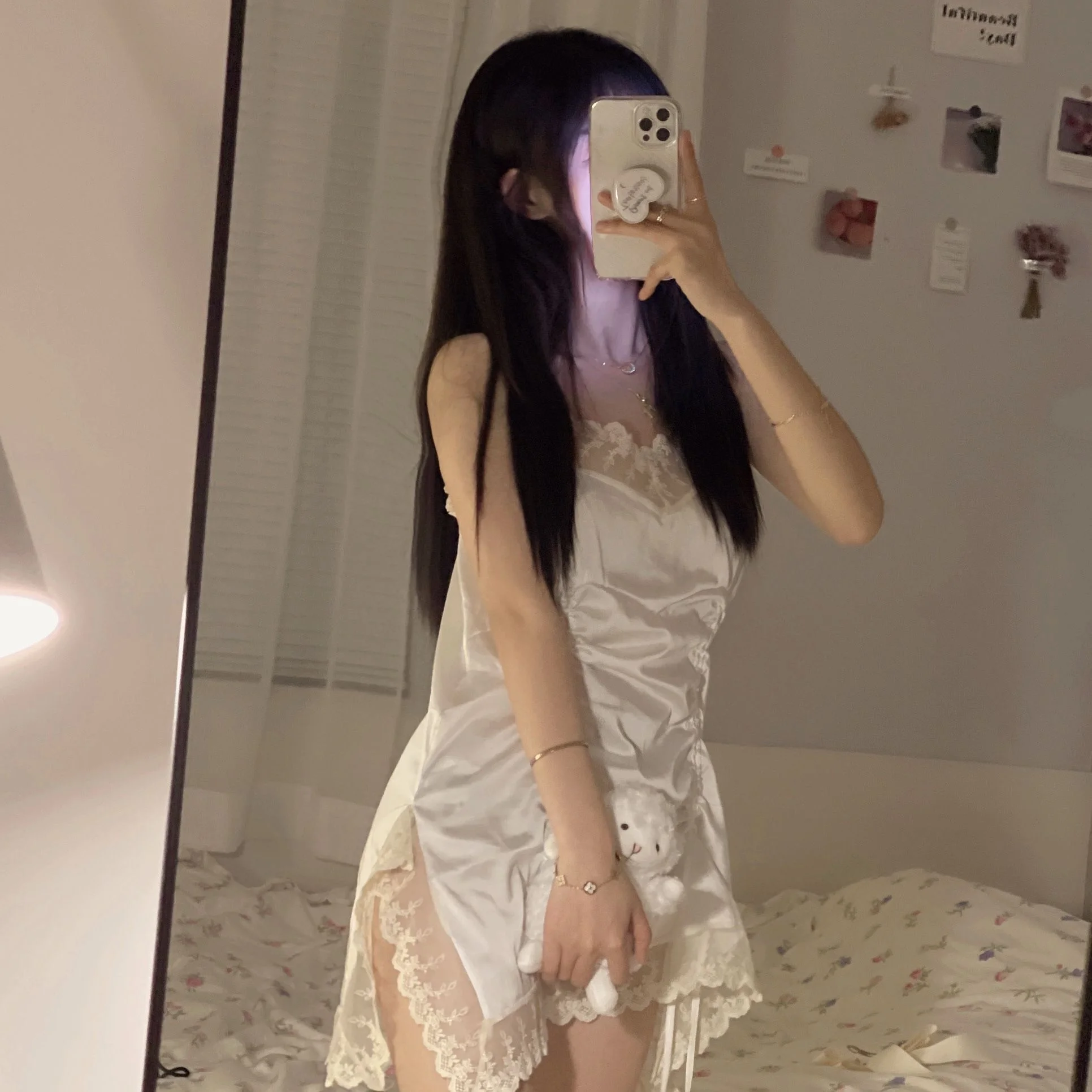 Корейское кружевное платье сатиновое домашнее Ночное на шнуровке с подтяжками |