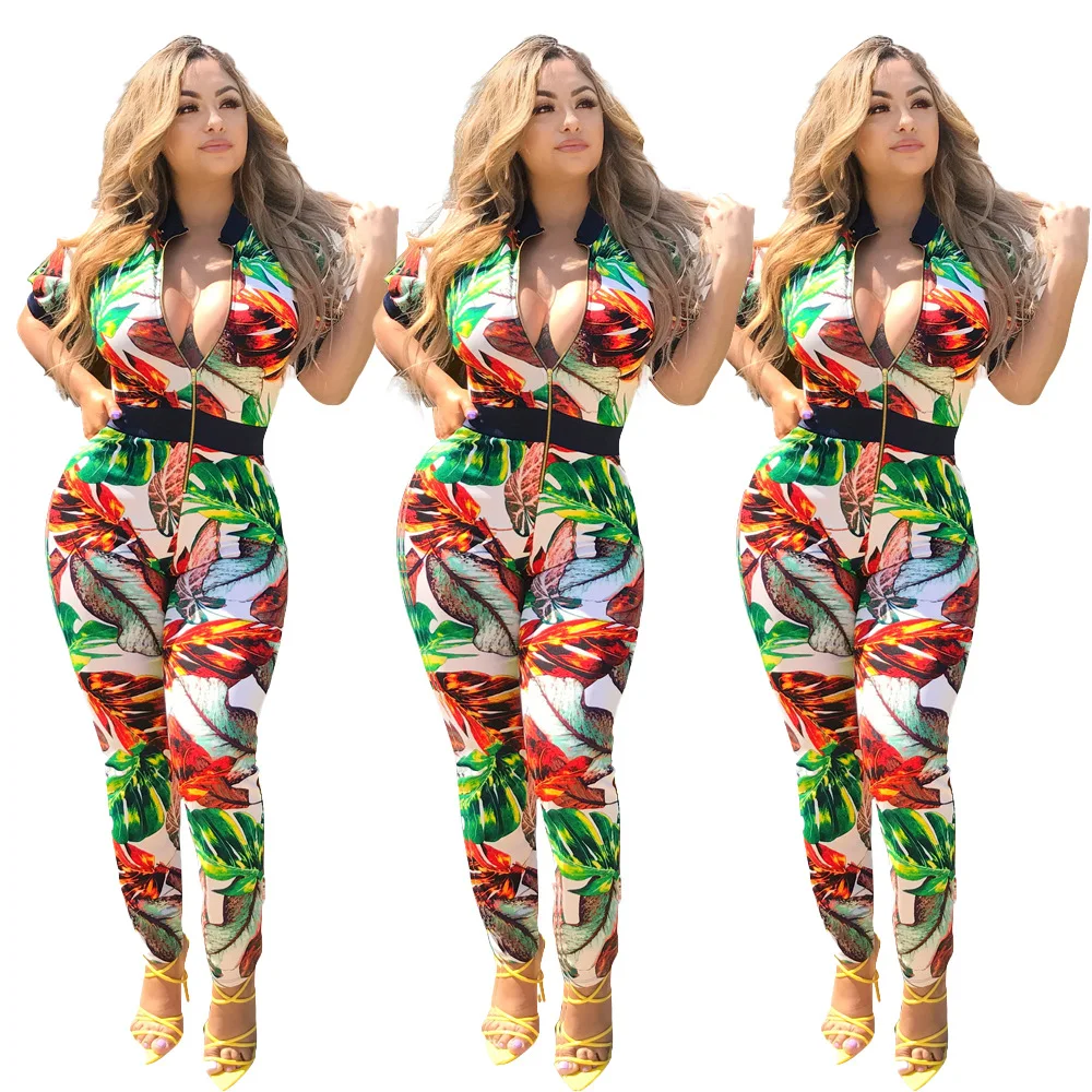 Women Print Zip fashion Jumpsuit Sexy Short Sleeve Elegant Rompers Autumn Spring Bodycon Club Playsuit Long Overalls Plus Size