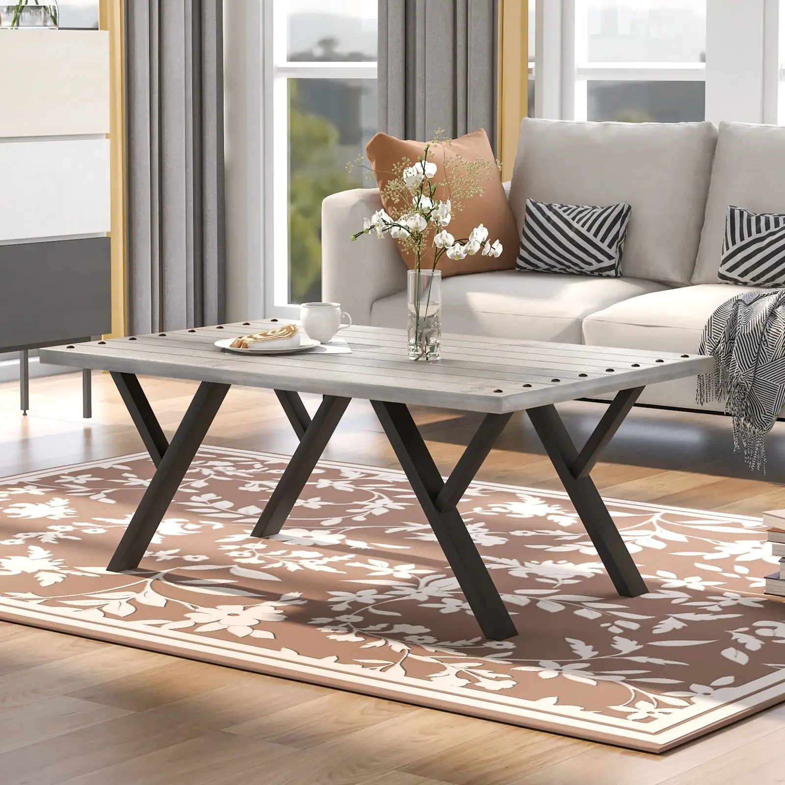 

U-style Rustic Coffee Table Wood Tops And Metal Legs Table For Living Room 43''