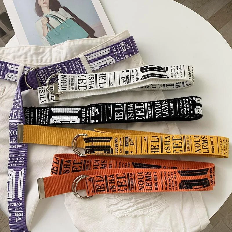 

Unisex double-ring buckle canvas pants belt simple and versatile student English letter leather wide cloth belt