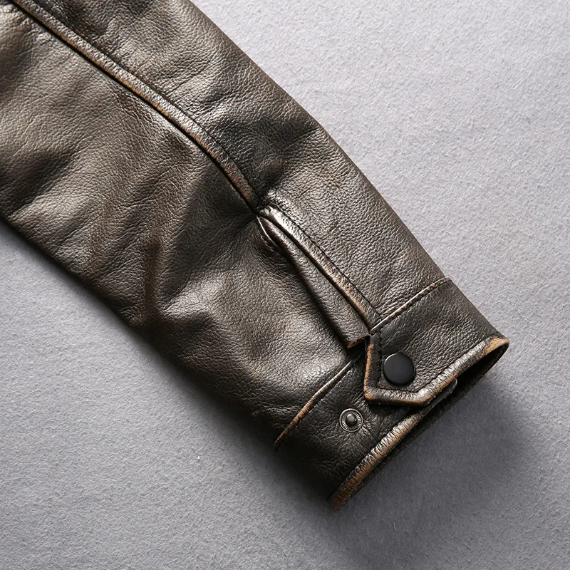 

New Men's Factory Retro Vintage Biker Jacket Brown Genuine Cowhide Short Slim Fit Male Winter Pilot Leather Coats