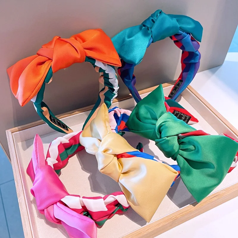 

New South Korea ~ Dongdaemun Retro Silk Big Bow Color Combination Striped Flower Bud Fairy Hair Band Hairhoop Jewelry