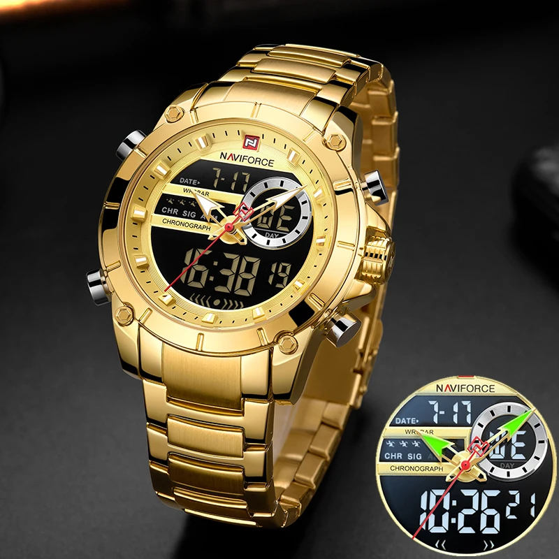  NAVIFORCE Men Military Sport Wrist Watch Gold Quartz Steel Waterproof Dual Display Male Clock Watches Relogio Masculino 9163 