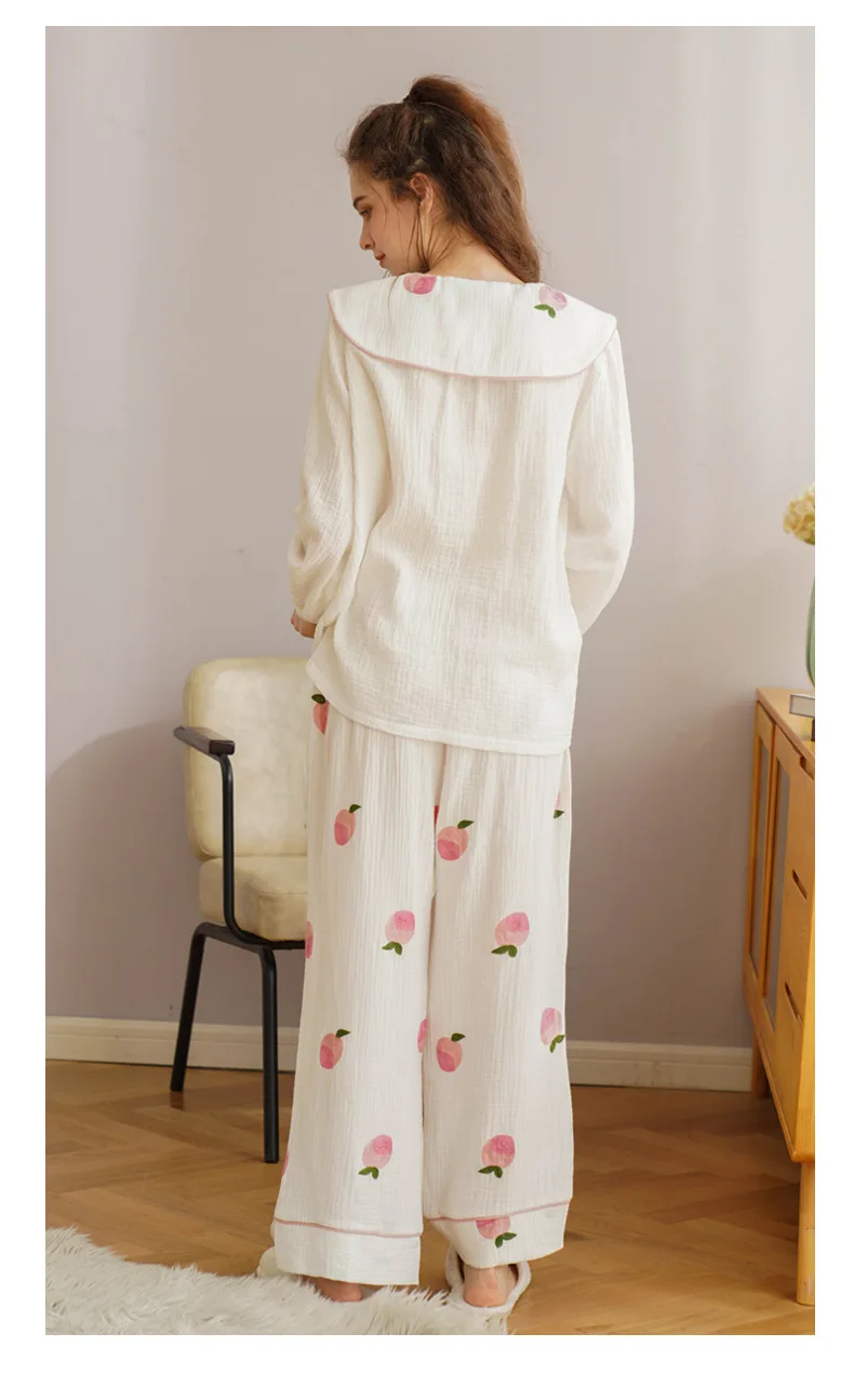 

Autumn Women Casual Kawaii Pajamas Bow Two Piece Set Thin Cotton Princess Korean Long Sleeve Peach Embroidered Home Service