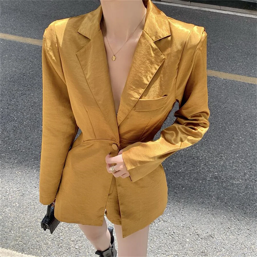 

Женский Атласный Костюм-двойка HziriP, тонкий офисный костюм с блейзером и широкими штанинами, осень 2021