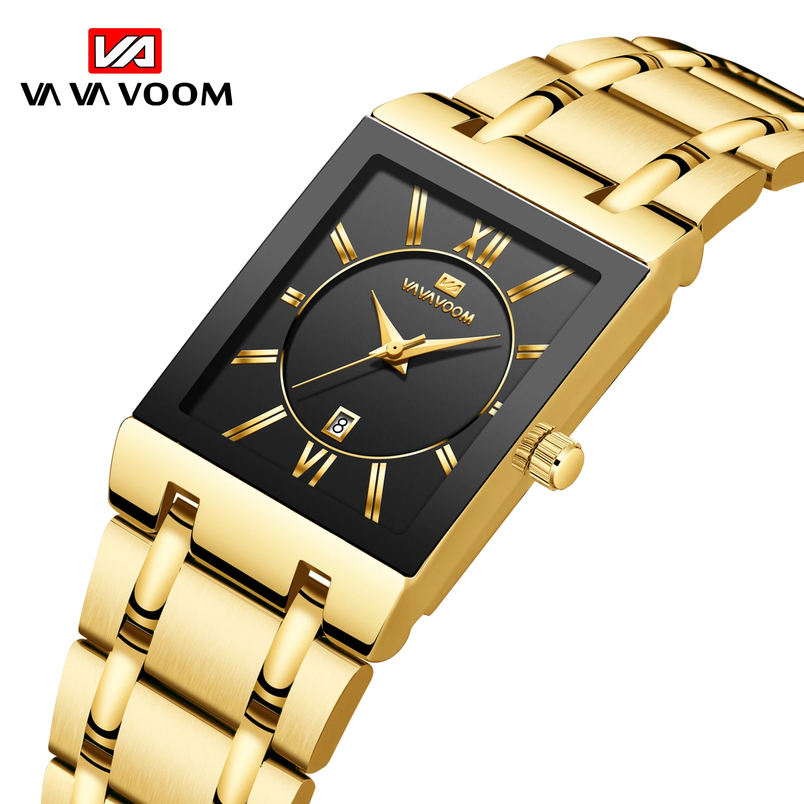 

Men Business Watch Simple Design Luxury Fashion Rectangular Black Gold Stainless Steel Calendar Waterproof Quartz Men's Watches