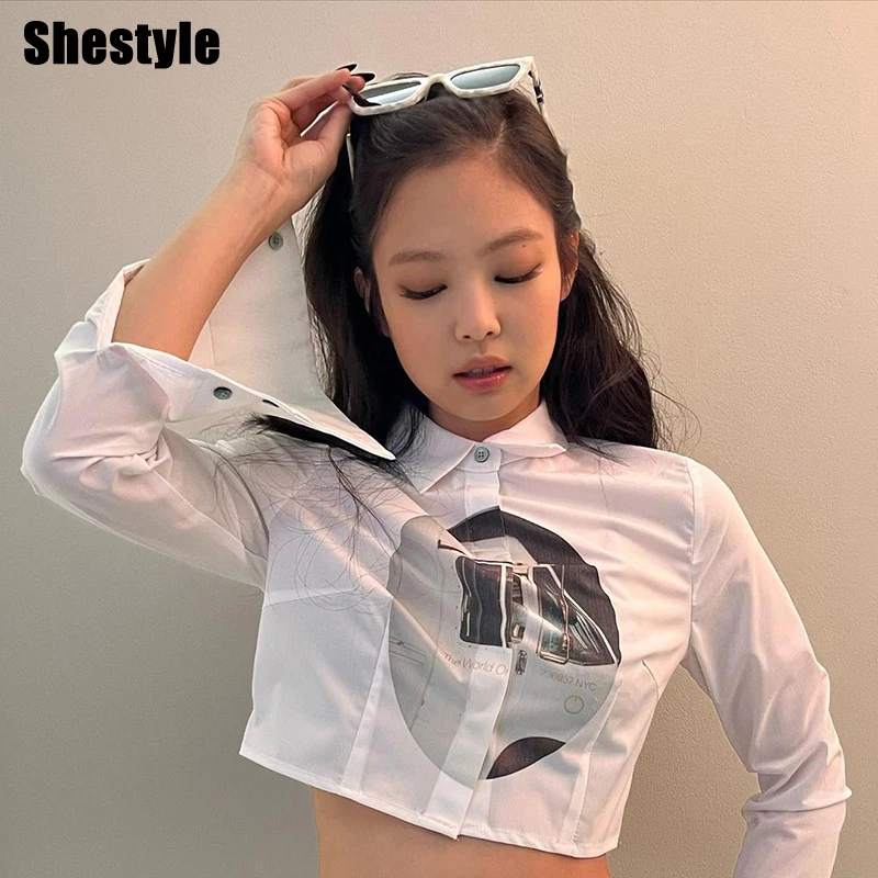 

Женские модные рубашки-поло Shestyle, стильные белые футболки с длинным рукавом и принтом в виде звезд, повседневные футболки с пуговицами, 2022