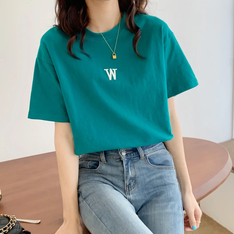 

2021 New Summer Cotton Embroidery Short Sleeve Women's T-Shirts Letter Printed O-Neck Casual Loose Shirts Tops Tee Lady
