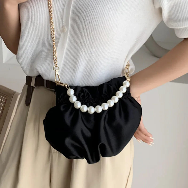 

Pu Leather Small Silk Drawstring Crossbody Bag for Women Elegant Bucket Bag Shoulder Handbags Female Pearl Cross Body Bag #30