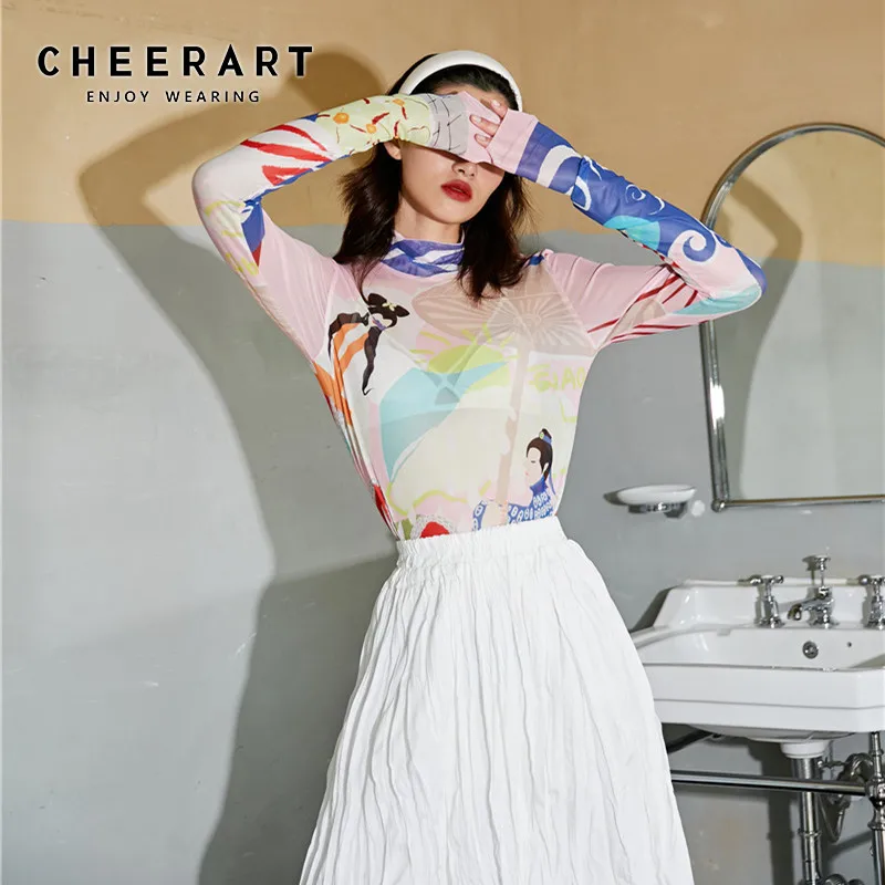 Женская Сетчатая футболка CHEERART розовая с длинными рукавами и принтом высоким