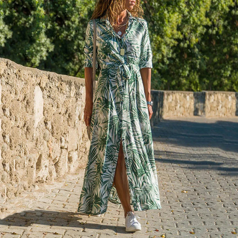 

Summer Maxi Dresses Women Beach Sash Buttons Chiffon Floral A-Line Tunic Shirt Long Vacation Boho Dress Woman 2020 Summer New