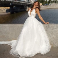 2021 a line v neck wedding dress princess polka dot lacing backless tulle bow back unique design bride gown vestidos de noiva