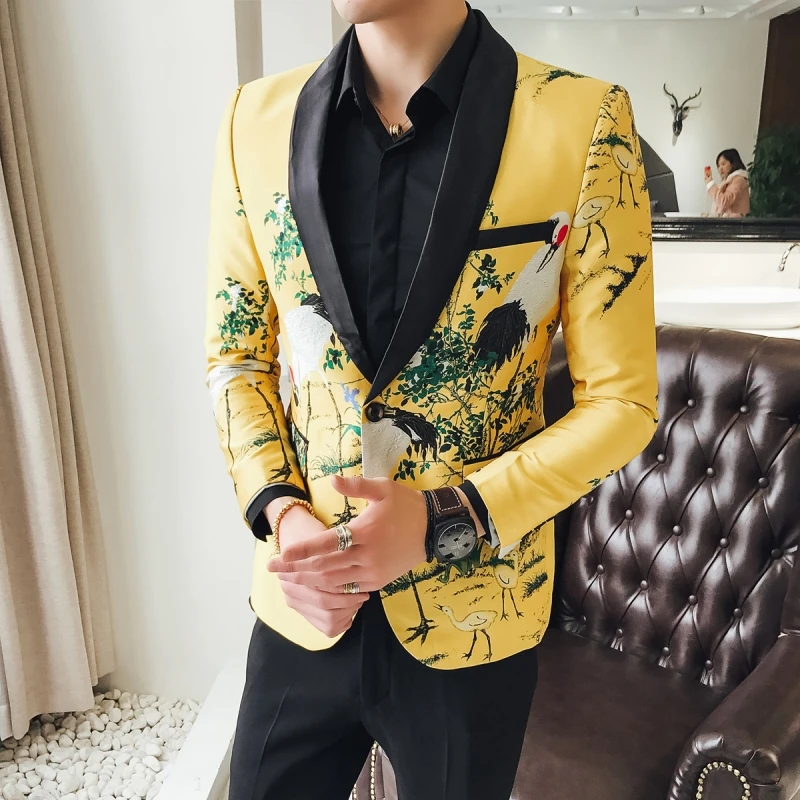 

Spring Autumn Flower Bird Embroidery Men Blazer Single Button Slim Fit Formal Work Stage Suit Jacket Elegant Wedding Mens Blazer