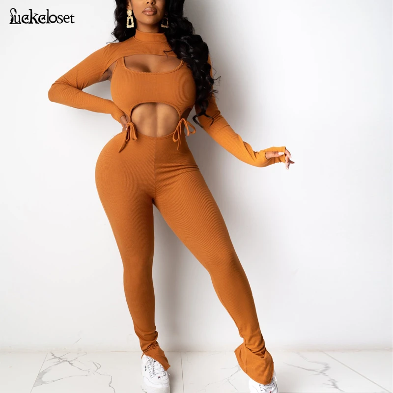 

Bandage Solid Hollow Out 2 Piece Sets Women Slim Clubwear Turtleneck Crop Top And Bodycon Jumpsuit Two Piece Set